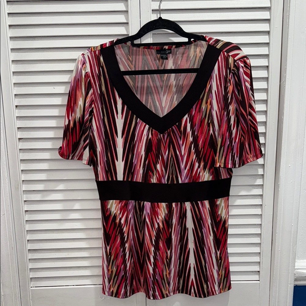 East 5th Black and Red Graphic Fitted Short Sleeve Blouse